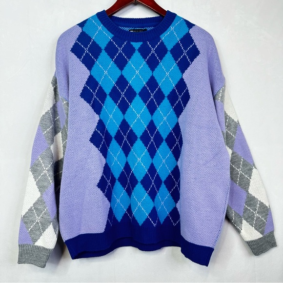 ASOS Preppy Sweater Argyle Purple Knit Stretch Designer Casual Academia Men’s - Picture 9 of 9
